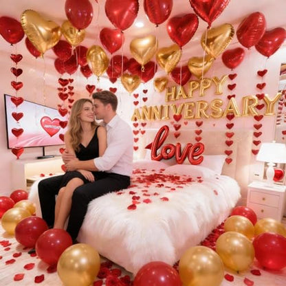 Anniversary Decorations, Happy Anniversary Banner, Hanging String Hearts, Red and Gold Balloons, Love Balloon, Red Silk Rose Petals for Wedding Bridal Shower Bachelorette Party Decorations