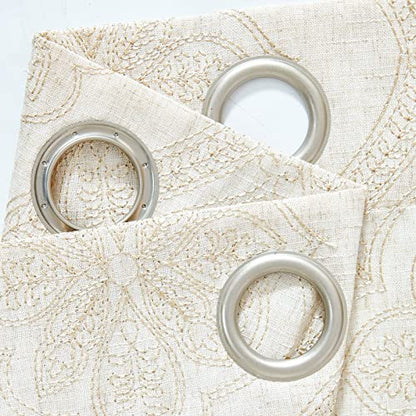jinchan Boho Floral Linen Curtains 84 Inch Beige on Ecru Grommet 2 Panels - color: Damask Beige, size: 50"W x 84"L (Pack of 2)