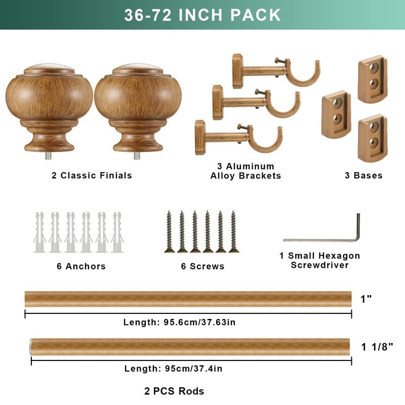 Wood Curtain Rods for Window 36-72 Inch(3-6ft), Heavy Duty Curtain Rod, 1 1/8" Diameter Boho Drapery Rods with Imitation Wood Grain Finials and Adjustable Brackets - color: Brown Wood Grain, size: 36-72"