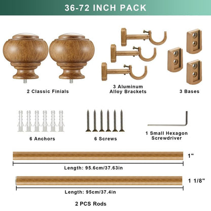 Wood Curtain Rods for Window 36-72 Inch(3-6ft), Heavy Duty Curtain Rod, 1 1/8" Diameter Boho Drapery Rods with Imitation Wood Grain Finials and Adjustable Brackets - color: Brown Wood Grain, size: 36-72"