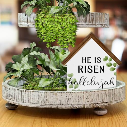 He Is Risen Sign Decor, Easter House Shaped Wood Block Sign - color: HE-1