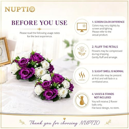 NUPTIO Flower Balls Centerpieces for Tables: Purple & White Fake Roses - color: Purple & White, size: 2 Pcs
