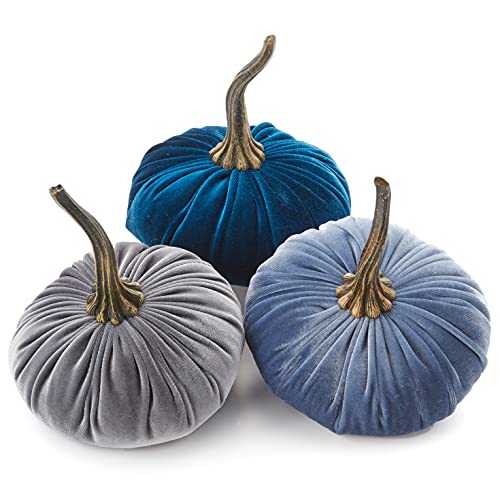 Set of 3 Velvet 6.25 Inch Pumpkins, blue pumpkins, fall decorations for the home, elegant autumn accent, bowl filler for centerpiece, basket for hostess gift, mantel decor (Slate, Gray, Teal) - color: Slate, Gray, Teal