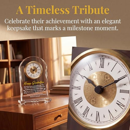 Crystal Clock Graduation Gift for Her Him Women Men - Class of 2026 Graduation Keepsake Present for College High School PHD Masters Degree, Gift for Daughter Son Sister Friend - color: Happy Graduation
