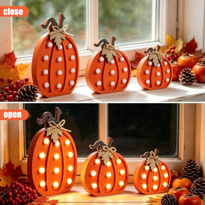 Fangoo 3Pcs Wooden Fall Pumpkins Light Up Table Centerpieces Decor