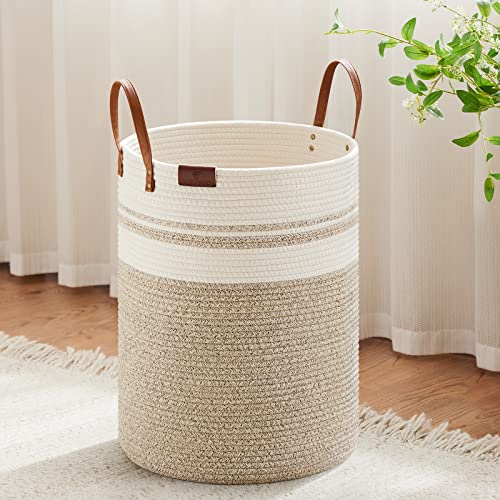 VIPOSCO 58L Tall Woven Rope Laundry Hamper, Leather Handles, Brown & White - color: Brown & White, size: 58L