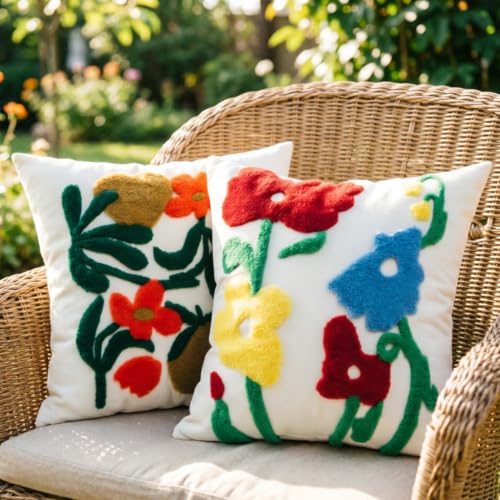 Boho Art Red Spring Floral Embroidered Throw Pillow Cover 18"x18" Set of 2 - color: Artflower Red