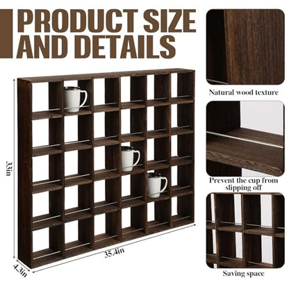 Kigley Oversize Coffee Mug Display Rack Wooden Shelves Rustic Shot Glass Display Case Travel Mug Shelf Wall Mounted Rack Holder Shadow Box(5 x 6,Dark Brown) - color: Dark Brown, style: 5 x 6
