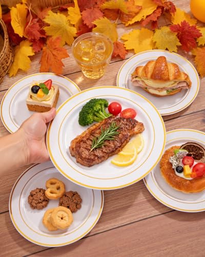 bUCLA 150PCS Gold Plastic Plates Disposable - Heavy Duty Gold Plates Include 25 Dinner & 25 Dessert Plates,25 Forks,25 Knives,25 Spoons&25 Cups for Party, Thanksgiving, Fall Harvest & Autumn - color: Gold
