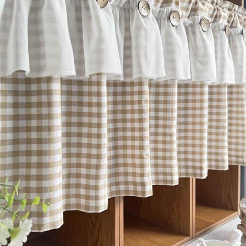 Beige Gingham Checkered Kitchen Short Curtain with Ruffle & Wooden Buttons - size: 55"W x 20"L (Pack of 1)