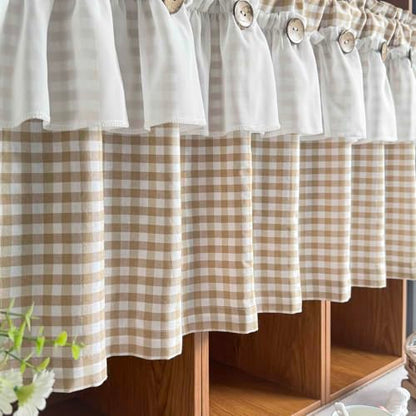 Beige Gingham Checkered Kitchen Short Curtain with Ruffle & Wooden Buttons - size: 55"W x 20"L (Pack of 1)