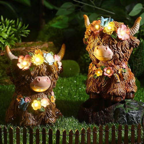 Colingmill 2 Pack Highland Cow Solar Lights Spring Easter Highland Cow Garden Resin Statue with Flower Decoration Solar Outdoor Decor for Patio Yard, Ideal Gift for Mom and Women