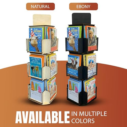Rotating Greeting Card Display Stand, 3 Tier Wooden Organizer, 4-Sided Display Rack Spinning Multi-Pocket Display for Coasters, Stickers, Retail, Tradeshow - A4, A6, A7, 5"x7", 4 bar (Natural) - color: Natural