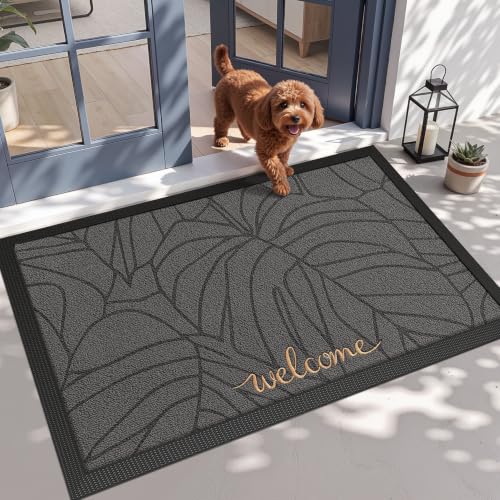 LUMI Outside Welcome Door Mat 47x71, Non-Slip Heavy Duty Dirt Trapper, Grey - color: Grey Gold Monstera, size: 47"x71"