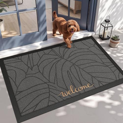 LUMI Outside Welcome Door Mat 47x71, Non-Slip Heavy Duty Dirt Trapper, Grey - color: Grey Gold Monstera, size: 47"x71"