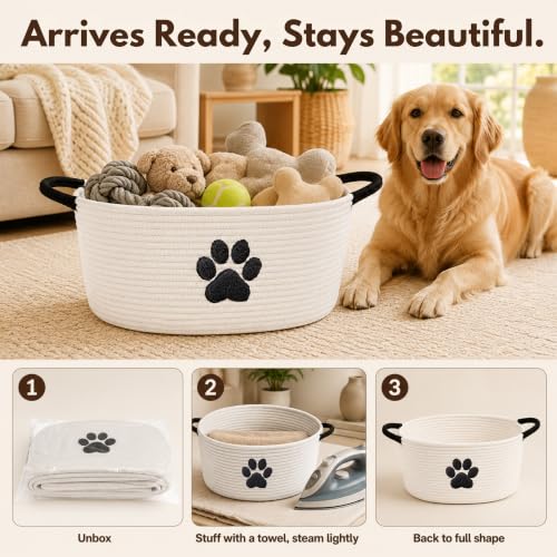 Dog Toy Basket with Handles, Cotton Rope Storage Bin Organizer for Pets - color: White/Black