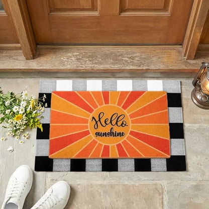 2-Piece Layered Welcome Mat Set - Coir Doormat & Buffalo Plaid Rug - color: Yellow Sunshine