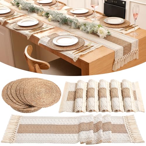 Boho Table Runner and Placemats Set, 6 Sets, Brown, 12x72 - color: Brown, size: 12x72"