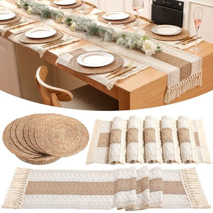 Boho Table Runner and Placemats Set, 6 Sets, Brown, 12x72 - color: Brown, size: 12x72"