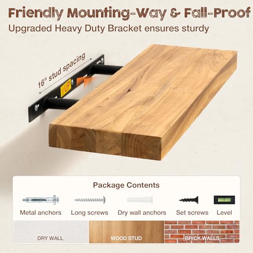 fuqing Floating Shelves for Wall, 72 Inch Rustic Solid Elm Wood Shelves - color: Natural Elm Flat Edge - 6.7"d, size: 72"L - 1Pack