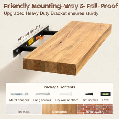fuqing Floating Shelves for Wall, 72 Inch Rustic Solid Elm Wood Shelves - color: Natural Elm Flat Edge - 6.7"d, size: 72"L - 1Pack