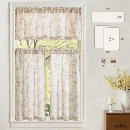 jinchan Taupe Linen Floral Kitchen Tier Curtains and Valance Set 3 Pieces - color: Alisa | Taupe on Linen, size: 26"W x 36"L (Pack of 3)