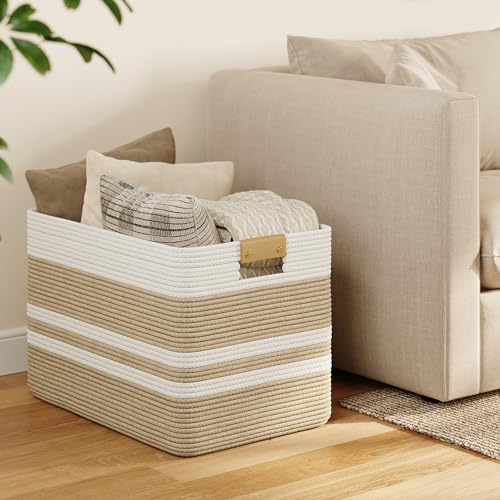 Nunsino 96L Blanket Basket with Leather Handles,Laundry Basket,Brown White - color: Brown White, size: 96L