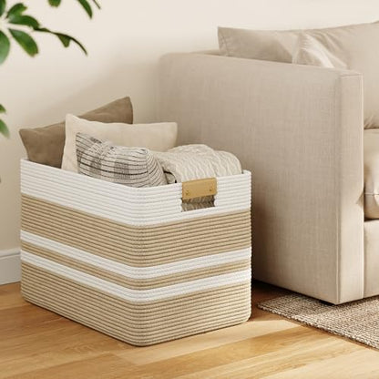 Nunsino 96L Blanket Basket with Leather Handles,Laundry Basket,Brown White - color: Brown White, size: 96L