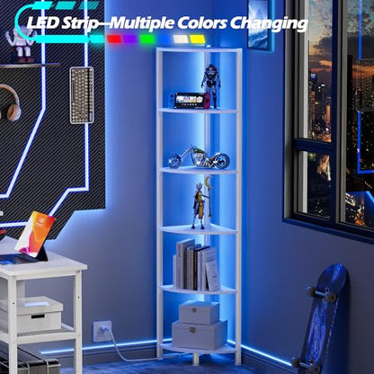 Furnulem 6 Tier Corner Shelf with LED Light, 67.5" White Narrow Bookshelf - color: White