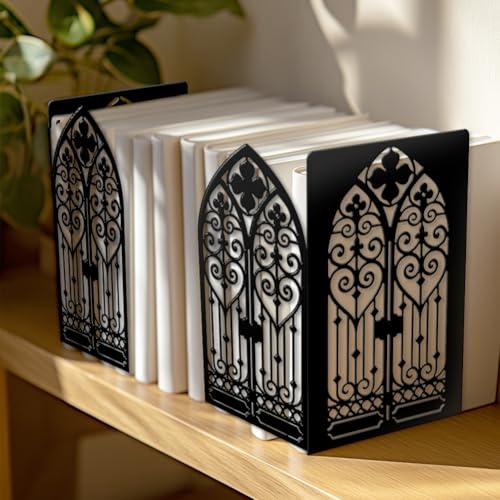 Peacoblue 5.5"x4.3"x8.3" Metal Bookends, Heavy Duty Book Ends for Shelves - style: Gothic Ornate Door