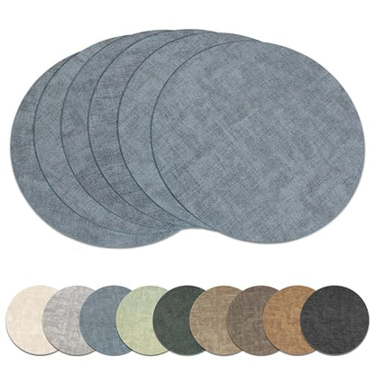 13" Round Placemats Set of 6, Reversible Faux Leather Wipeable Table Mats - color: Light Blue