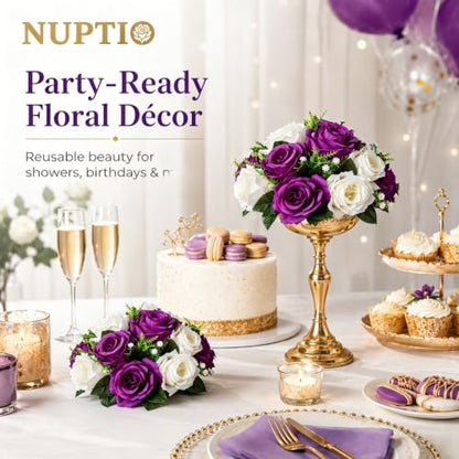 NUPTIO Flower Balls Centerpieces for Tables: Purple & White Fake Roses - color: Purple & White, size: 2 Pcs