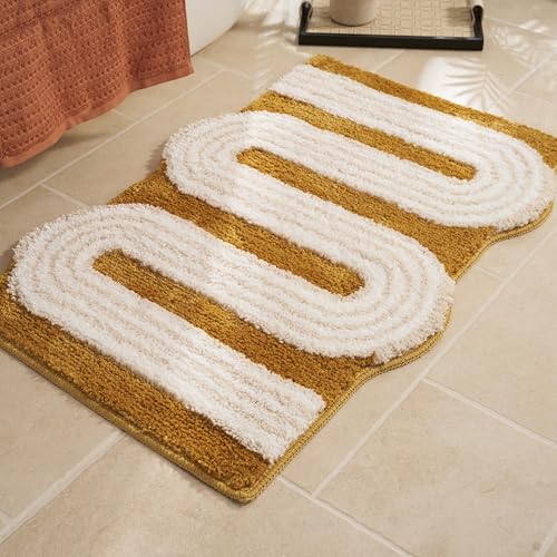 Unique Boho Bathroom Rugs, Cute Bath Mat with Funky Design, Fun Bohemian Decor for Bathroom Bedroom, Machine Washable Soft Non-Slip Bath Rug, 30" X 20", Mustard Yellow - color: Yellow, size: 1'8" x 2'6" (Rectangular)