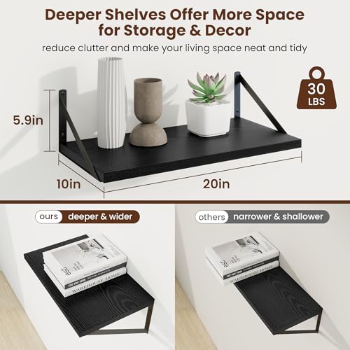 Axeman 20 Inch Floating Shelves, 10 Inch Deep Black Wall Shelves Set of 2 - color: Black, size: 20W x 10D