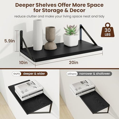 Axeman 20 Inch Floating Shelves, 10 Inch Deep Black Wall Shelves Set of 2 - color: Black, size: 20W x 10D