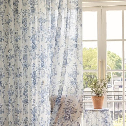 SUOUO Blue and White Toile Floral Semi Sheer Curtains 84 Inches 2 Panels - color: Blue-white, size: 52"W x 84"L (Pack of 2)