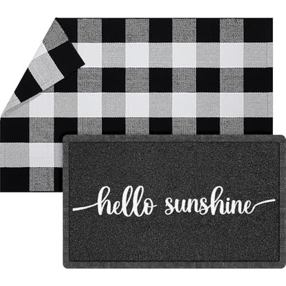Geelin 2 Pcs Hello Sunshine Doormat, Black and White Buffalo Plaid Rug Set - style: Hello Sunshine