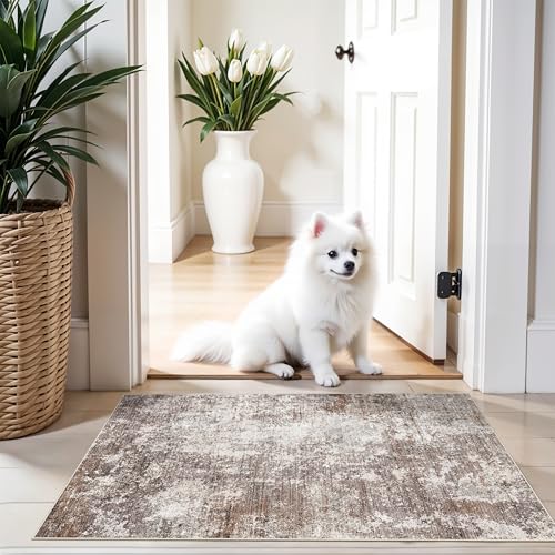 2x3 Washable Non-Slip Area Rug – Small Throw Rug for Kitchen, Entryway, Bedroom, Bathroom – Modern Abstract Neutral Soft Low Pile Thin Indoor Door Mat (Brown Beige,2x3) - color: Brown Beige, size: 2' x 3' (Rectangular)
