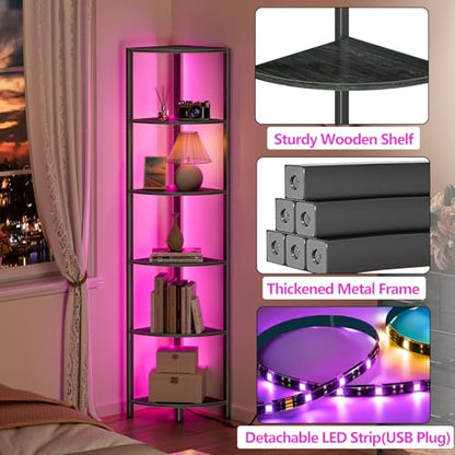 Furnulem 6 Tier Corner Shelf with LED Light, 67.5" Black Narrow Bookshelf - color: Black Oak