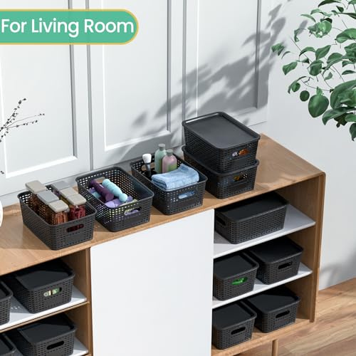 Ohmlove 8 Pack Plastic Storage Baskets with Lids for Organization - color: Black