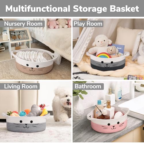 Small Woven Rope Cat Toy Basket with Cat Face Design, White Grey - color: White & Grey, size: 9.8"W x 4"H