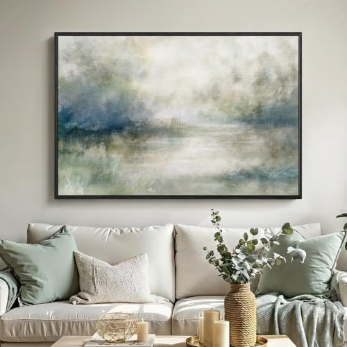 Large Framed Abstract Landscape Wall Art for Living Room, Blue and Green Watercolor Canvas Prints Paintings Artwork for Walls, Misty Lake Nature Mountain Pictures for Office Wall Decor 32x48 in - color: Misty Lake