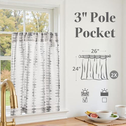 jinchan Grey Linen Kitchen Tier Curtains 24 Inch Modern Boho 2 Panels - color: Tribal | Grey on Linen, size: 26"W x 24"L (Pack of 2)