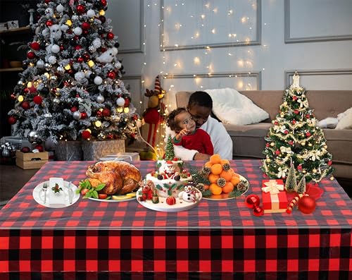 Kesfey Red and Black Gingham Tablecloth Christmas Party Table Cover 3 Packs - color: Red and Black