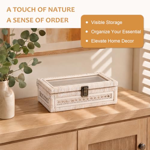Hipiwe Handwoven Rattan and Wood Display Box with Clear Lid, Whitewash - color: Whitewash Color, size: X-Small, 9.8"x5.9"x3.1"