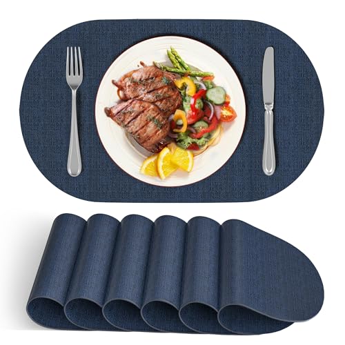DOLOPL Oval Placemats Set of 6, Navy Blue Faux Leather Table Place Mats - color: Navy Blue, size: Medium: 11.8" x 17"