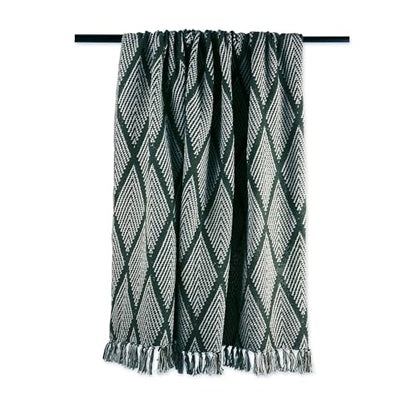 DII Diamond Throw Collection Fringed Woven Cotton Blanket, 50x60, Olive Green