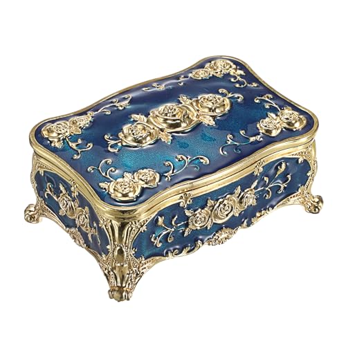 Hipiwe Metal Jewelry Box with Rose Pattern - Vintage Trinket Organizer Box Rectangular Keepsake Storage Box for Ring Earrings Necklaces Home Decor Gift for Women, Blue - color: Blue, size: Small
