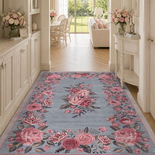 Washable Entryway Area Rug 5x7, Soft Non Slip Low Pile Bedroom Living Room Carpet, Pink Vintage Floral Rose Rug for Large Entryway, Stain Resistant Cottagecore Floor Mat - color: Vintage Blue & Rose, size: 5' x 7' (Rectangular)