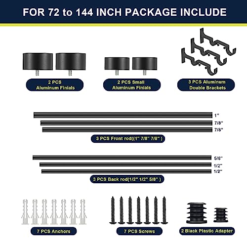 Double Curtain Rods for Windows 72-144 Inches, 1'' Front and 5/8''Back Double Drapery Rods with Premium Aluminum Brackets and End Cap Finials, Adjustable Matte Black Double Window Curtain Rod - color: Matte Black, size: 72-144"